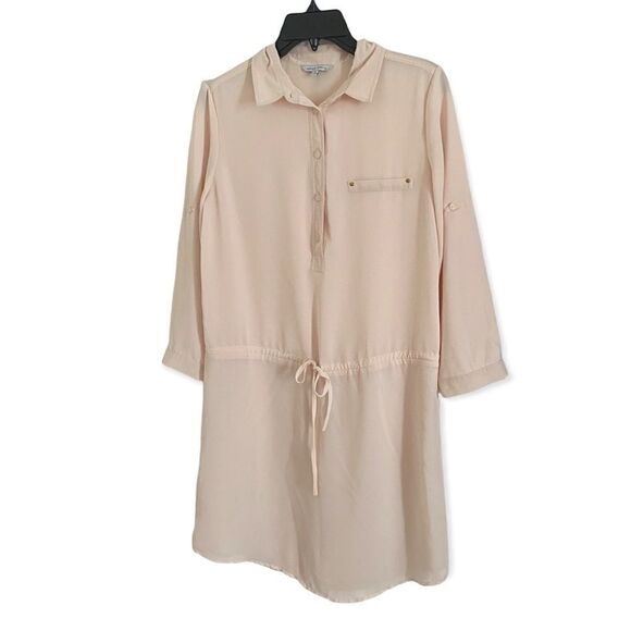 Naked Zebra Greige Roll Tab Sleeve Dress Top Mini Shirt Beige cream size small S - Picture 2 of 8